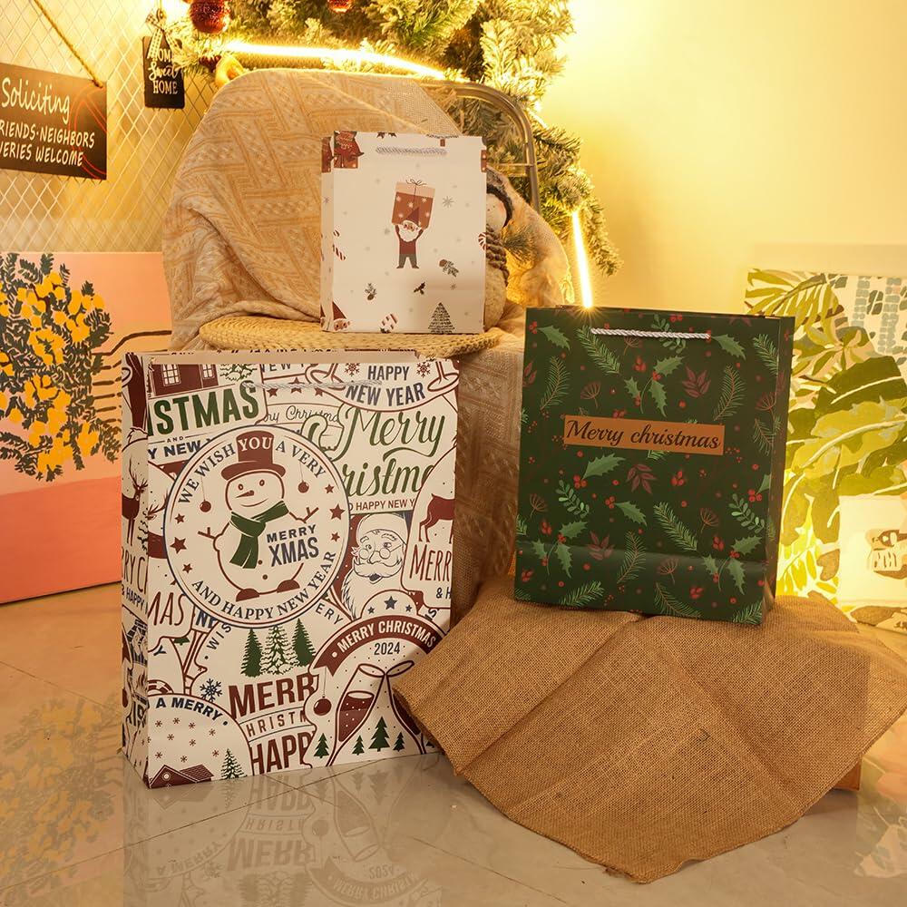 Christmas gift bag bundle with patterned bags and a dark green bag featuring “Merry Christmas”