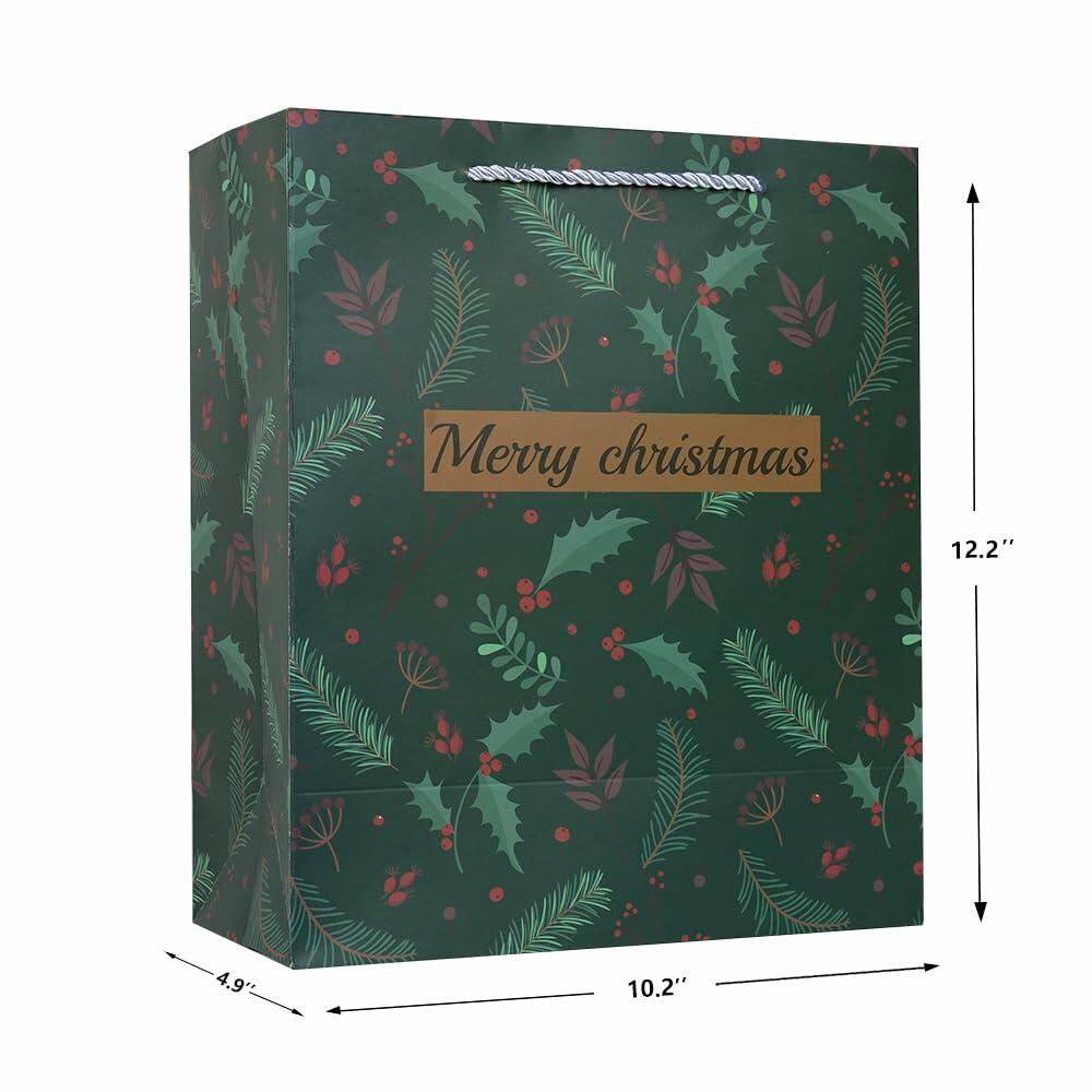 Green Christmas gift bag with holly and pine leaf pattern and “Merry Christmas” label