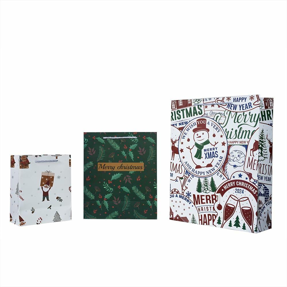 Christmas gift bag set with snowman and Santa designs plus a green tree-print bag