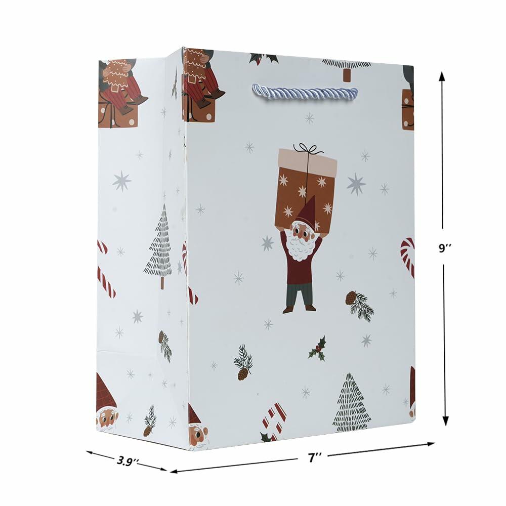 White Christmas gift bag with Santa character and gift box illustrations with hanging rope