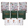 Set of Christmas gift bags with snowman, tree, and Santa patterns in mixed colors