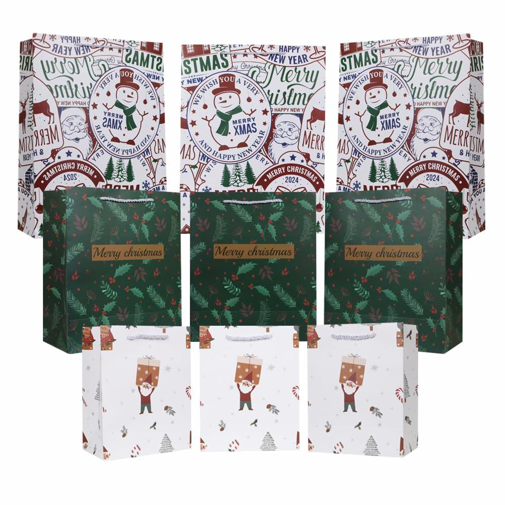 Set of Christmas gift bags with snowman, tree, and Santa patterns in mixed colors