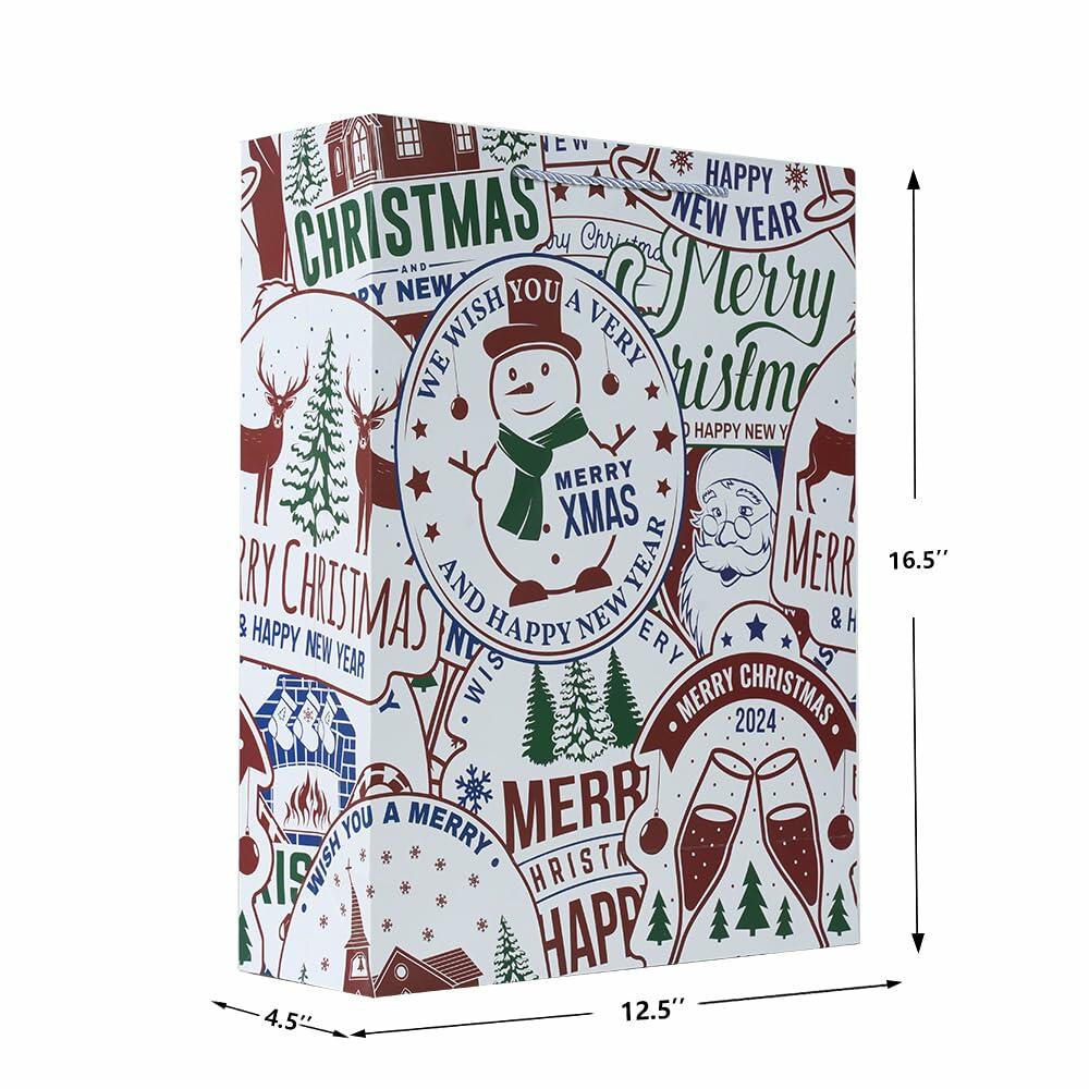 Christmas gift bag with Santa and snowman graphics and repeating “Merry Christmas” text