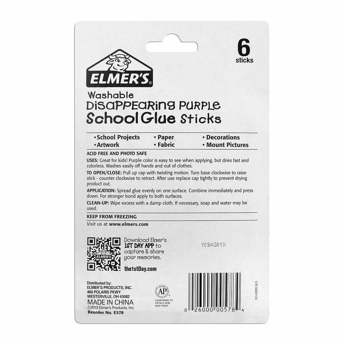 Back of Elmer's washable school glue stick pack with instructions, 6 count
