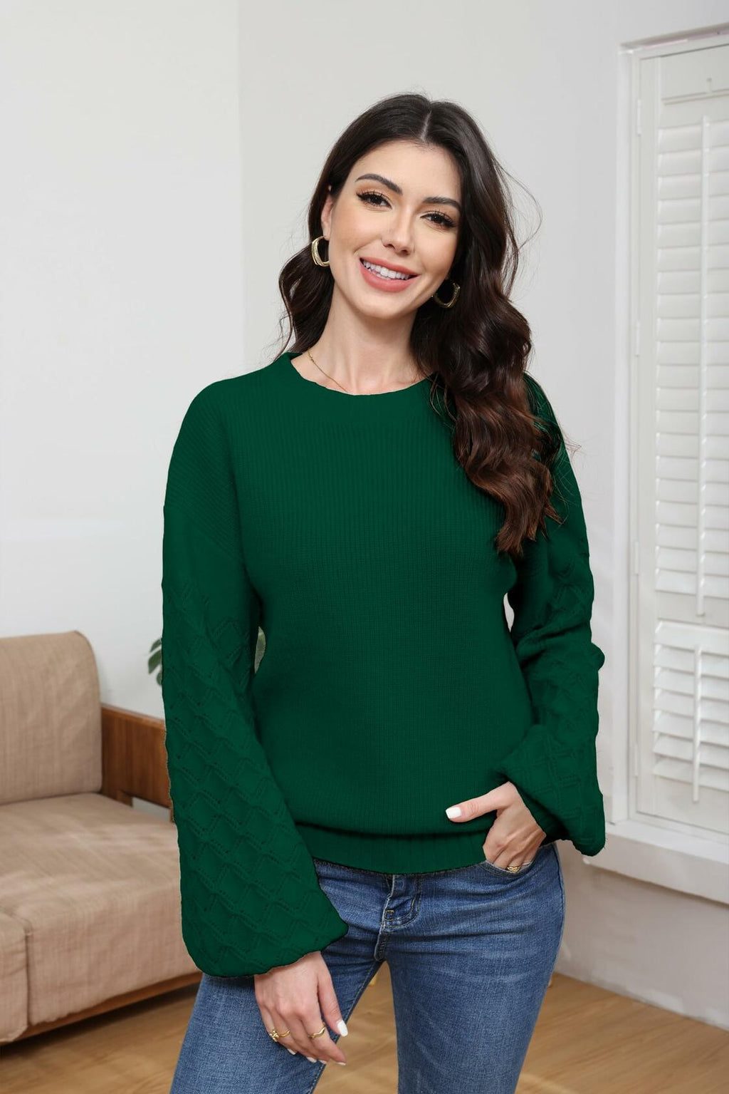 Green chunky knit crewneck pullover sweater with relaxed fit and textured cuffs