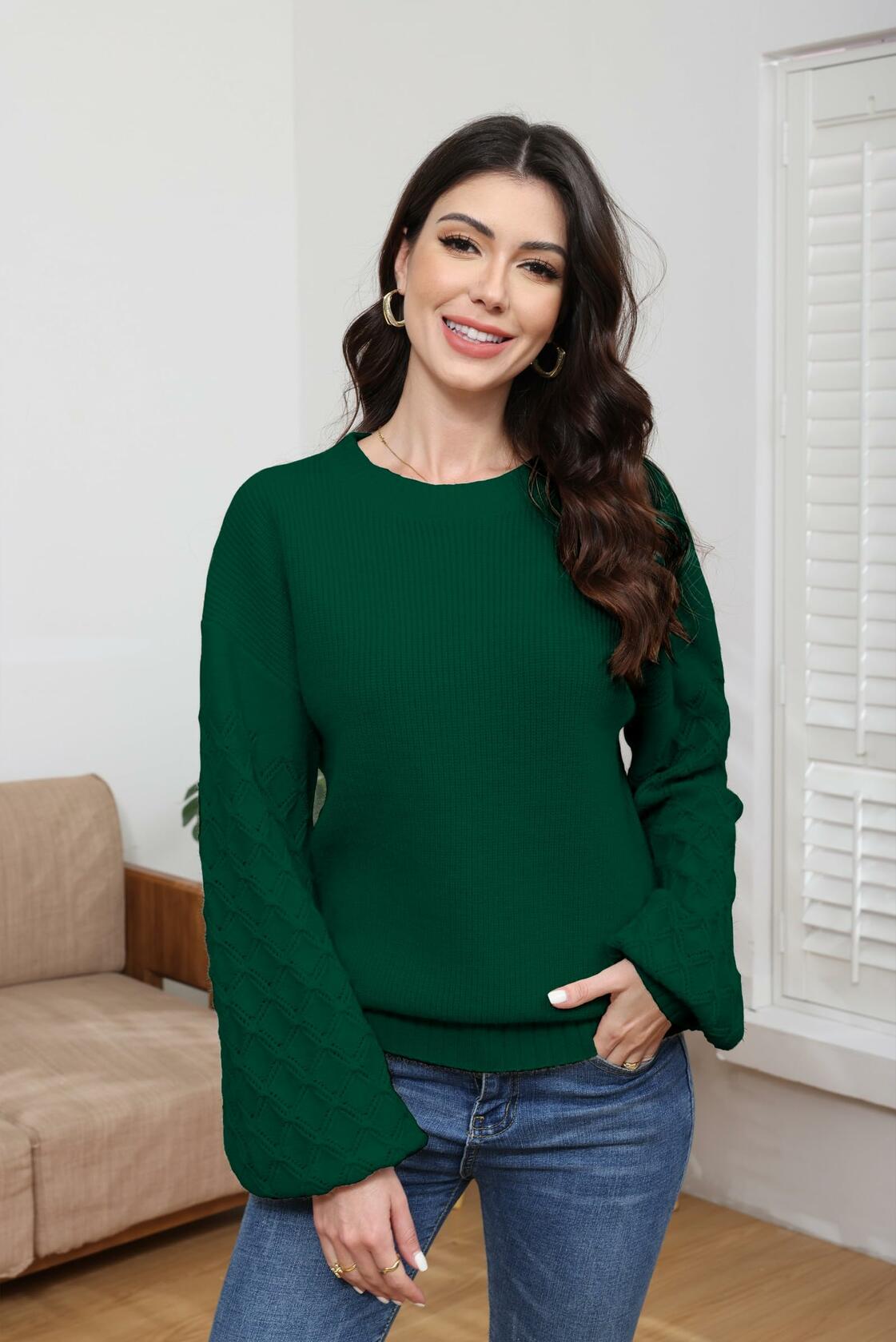 Green chunky knit crewneck pullover sweater with relaxed fit and textured cuffs
