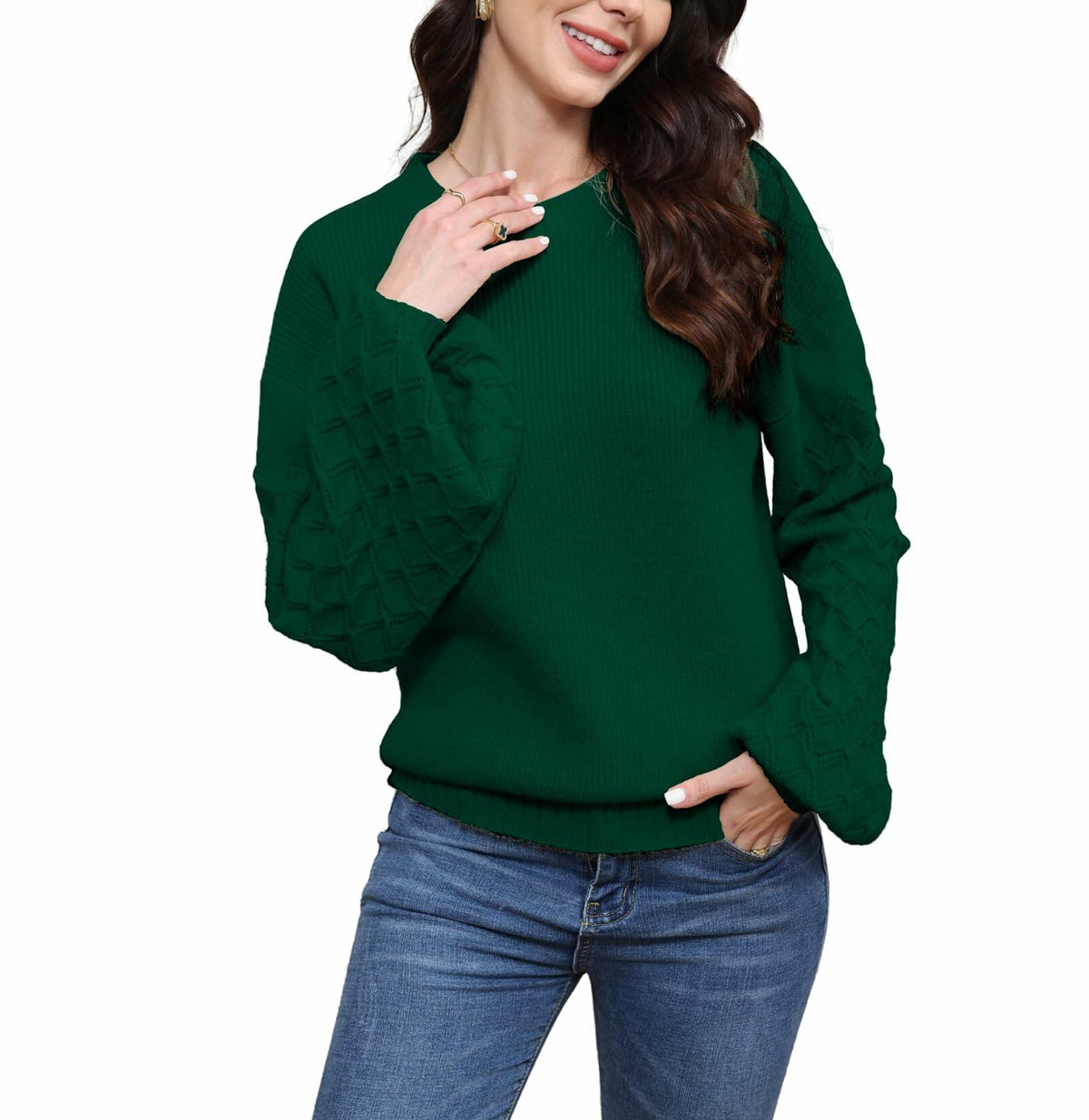 Green chunky knit crewneck pullover sweater, long sleeves with textured cuffs