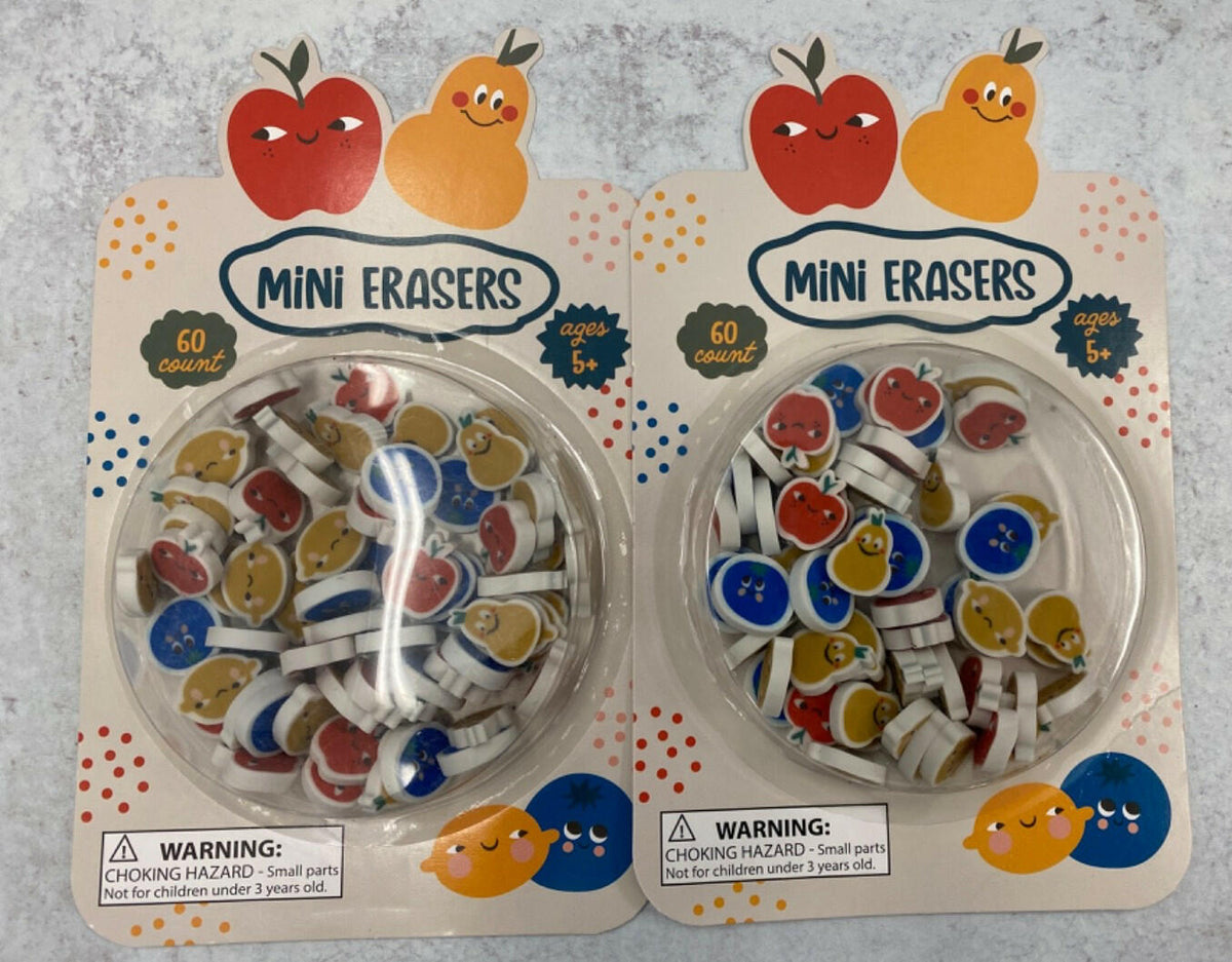 Fruit-themed mini eraser set, blister-pack counters, 120 count (two display packs)