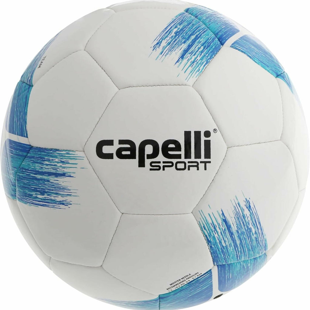 Size 3 soccer ball in white with blue and turquoise brushstroke panels and Capelli Sport logo