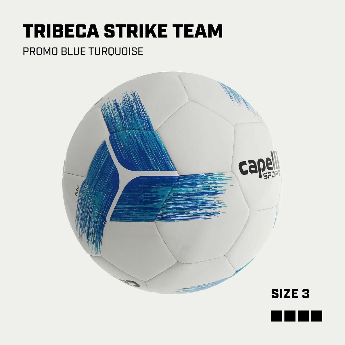 White size 3 soccer ball with blue turquoise brushstroke graphics, angled view