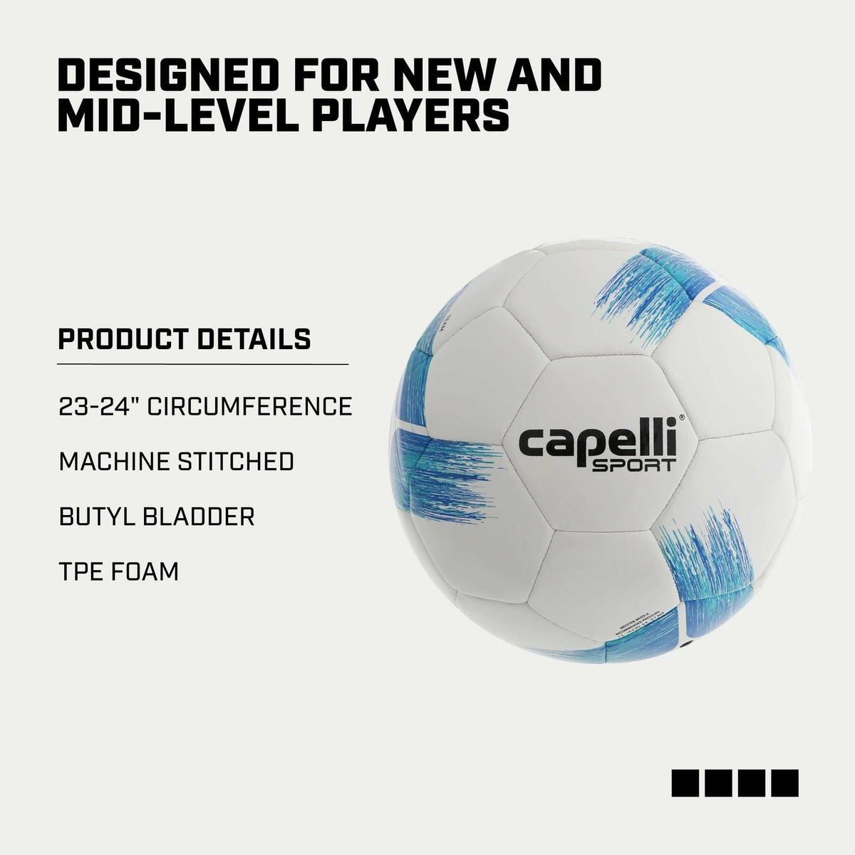White size 3 soccer ball with blue turquoise brushstroke panels and Capelli Sport logo