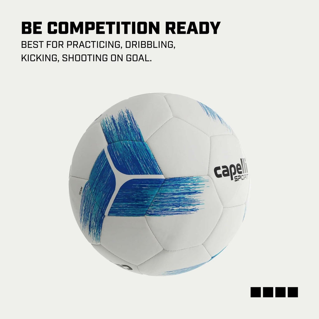 White size 3 soccer ball with blue turquoise brushstroke stripes, three-quarter view
