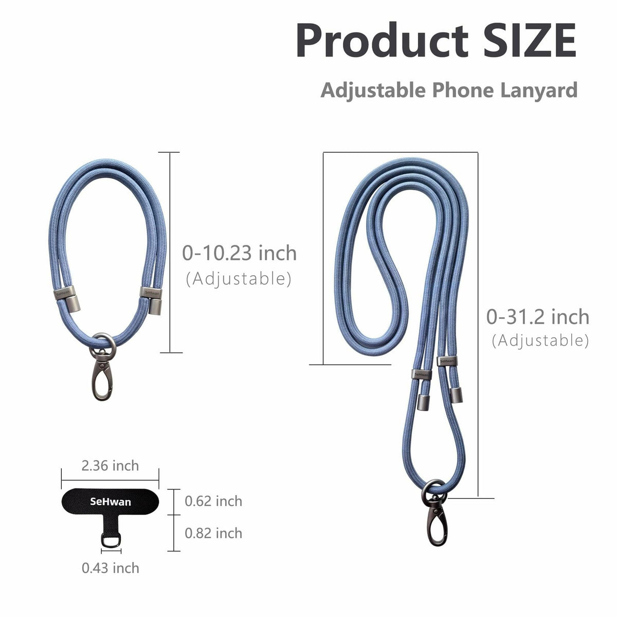 Adjustable blue phone lanyard with metal hook clasp, showing size range