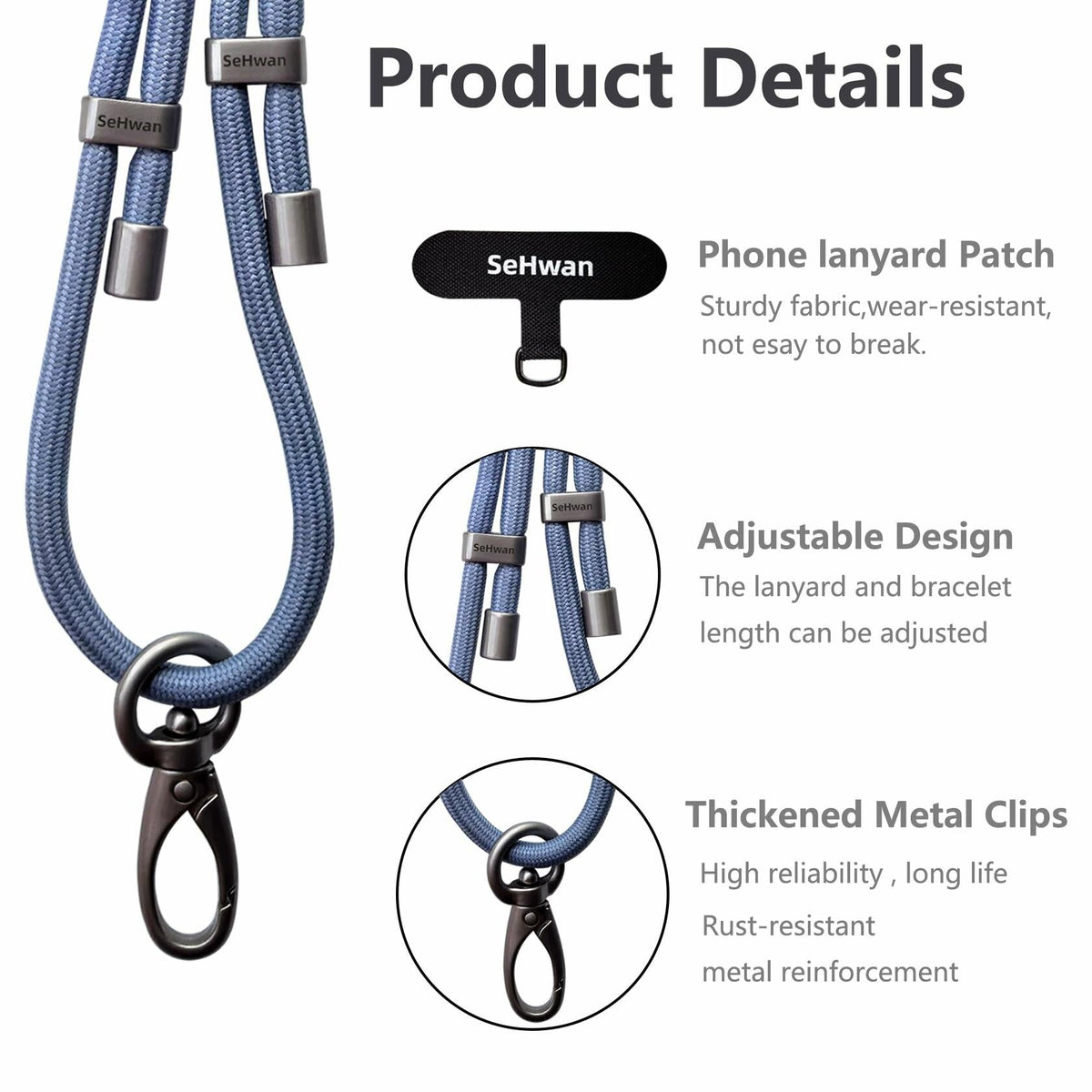 Blue phone lanyard with adjustable strap hardware and thickened metal clasps