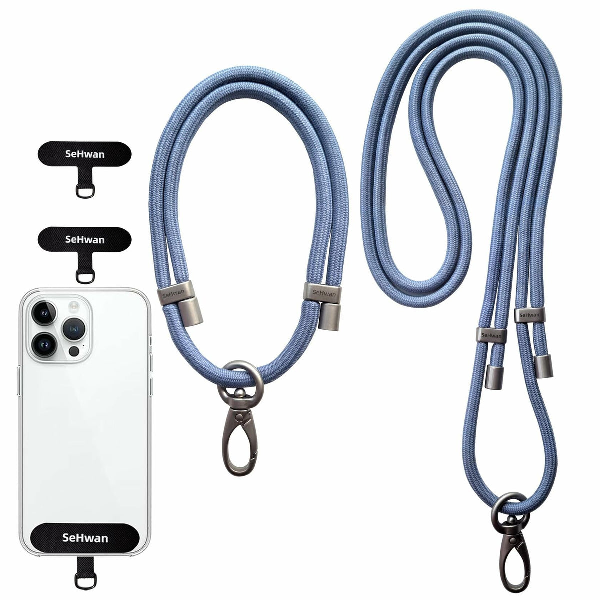 Blue polyester phone lanyard neck and wrist straps with metal clasps