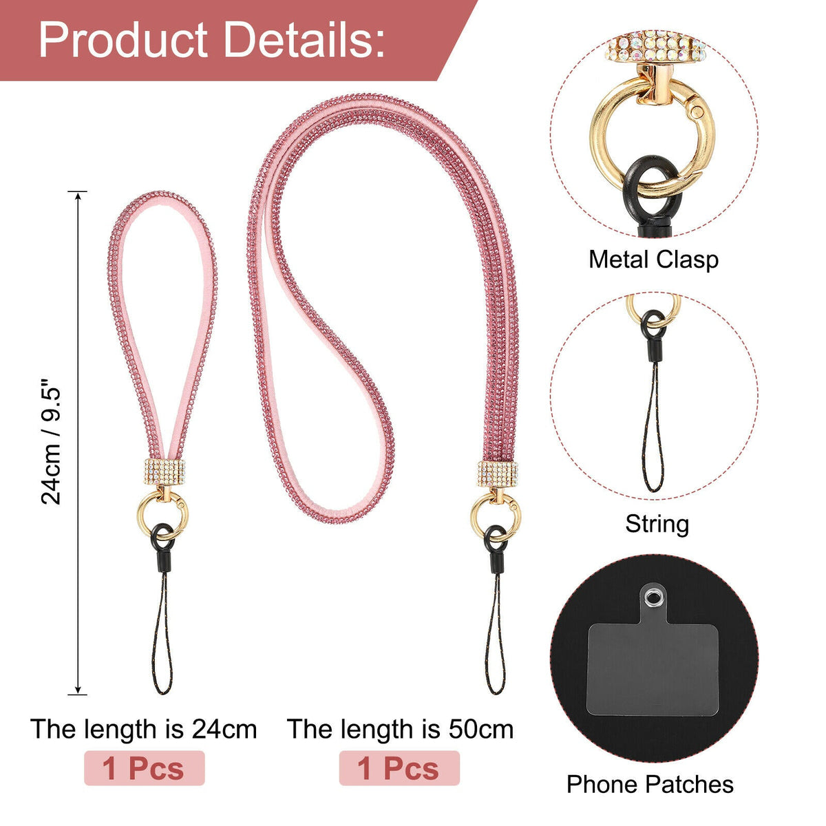 Pink polyester phone lanyard set with metal clasp and black string attachment