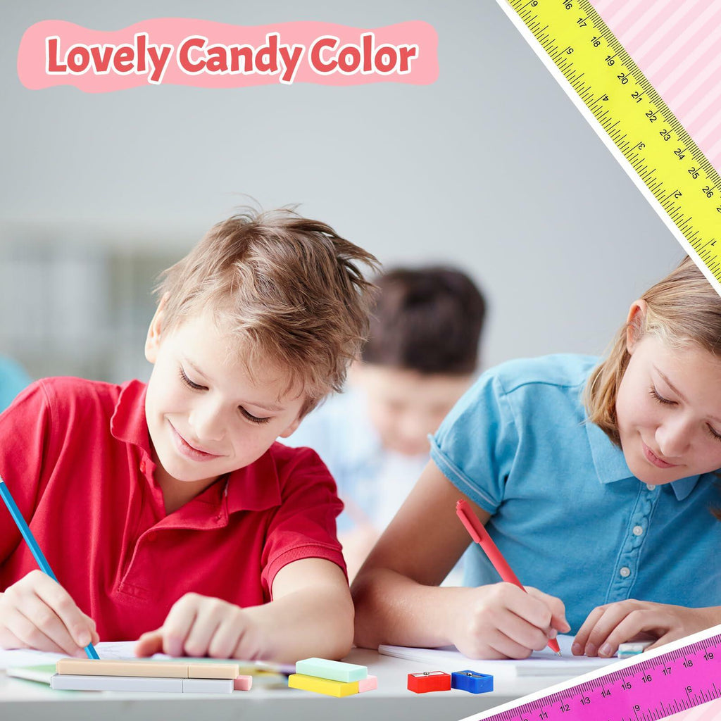 Children writing with a colorful school stationery set including pens, pencils, and rulers