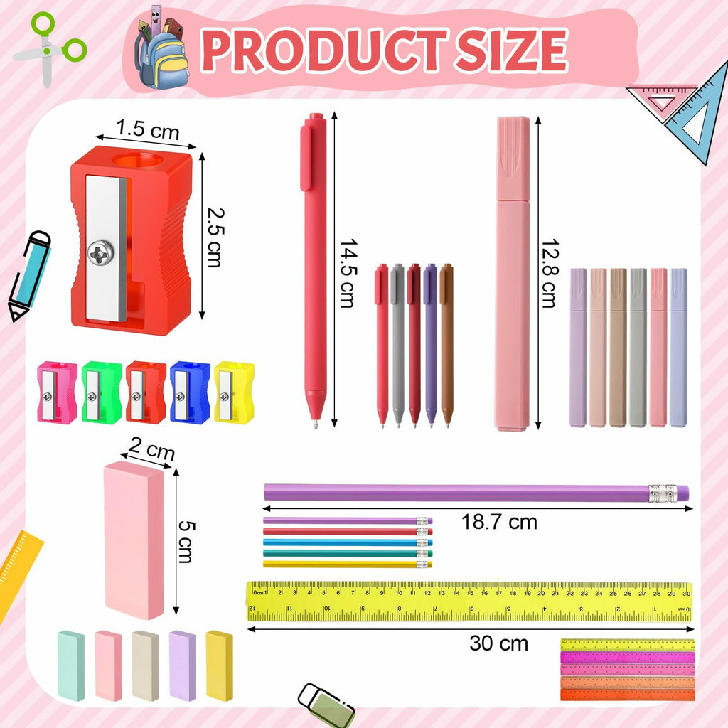 Assorted school supply set shown with colored pens, pencils, and rulers with sizes