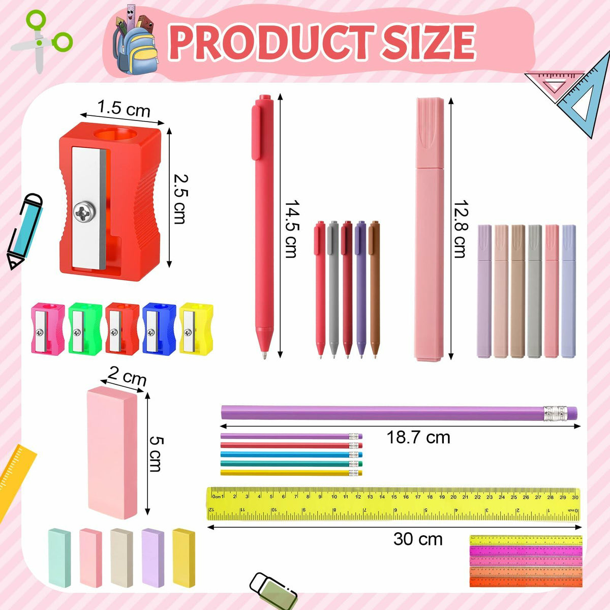 Assorted school supply set shown with colored pens, pencils, and rulers with sizes