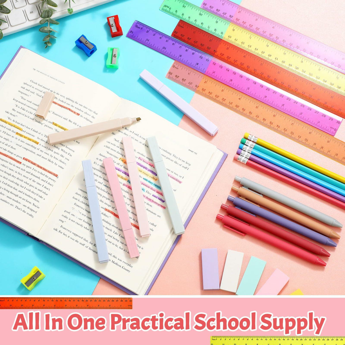 Flat lay school supply set with rulers, colored pens, sticky notes, and pencils on notebooks