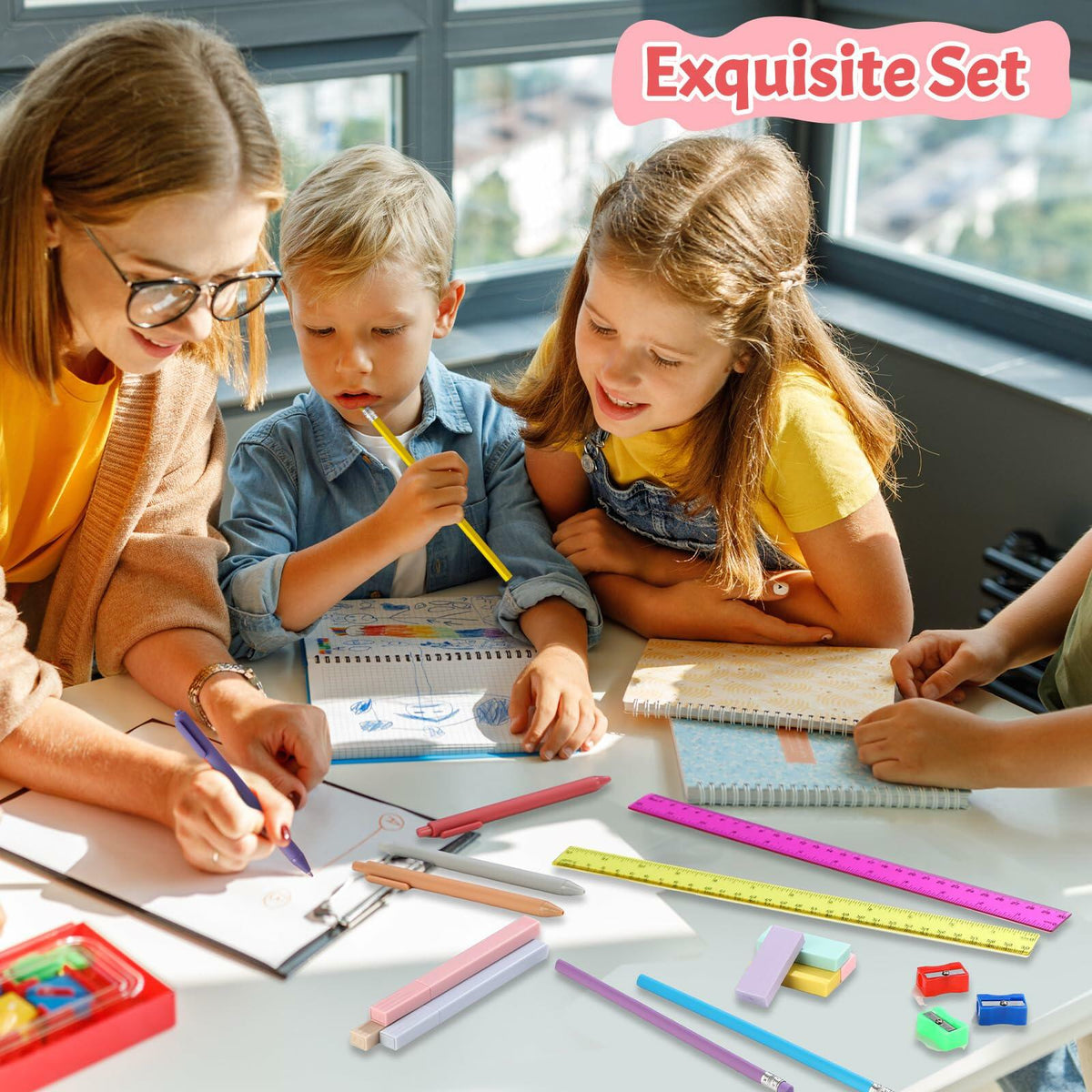Group of students using a colorful stationery set with pencils, rulers, and pens on desks