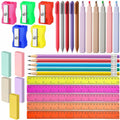 Colorful stationery set with pens, pencils, rulers, and erasers in assorted colors