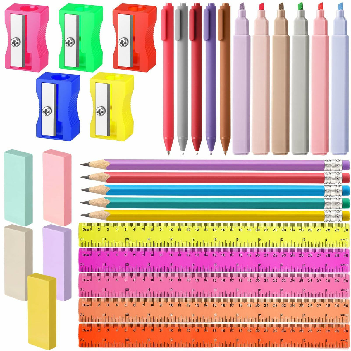 Colorful stationery set with pens, pencils, rulers, and erasers in assorted colors