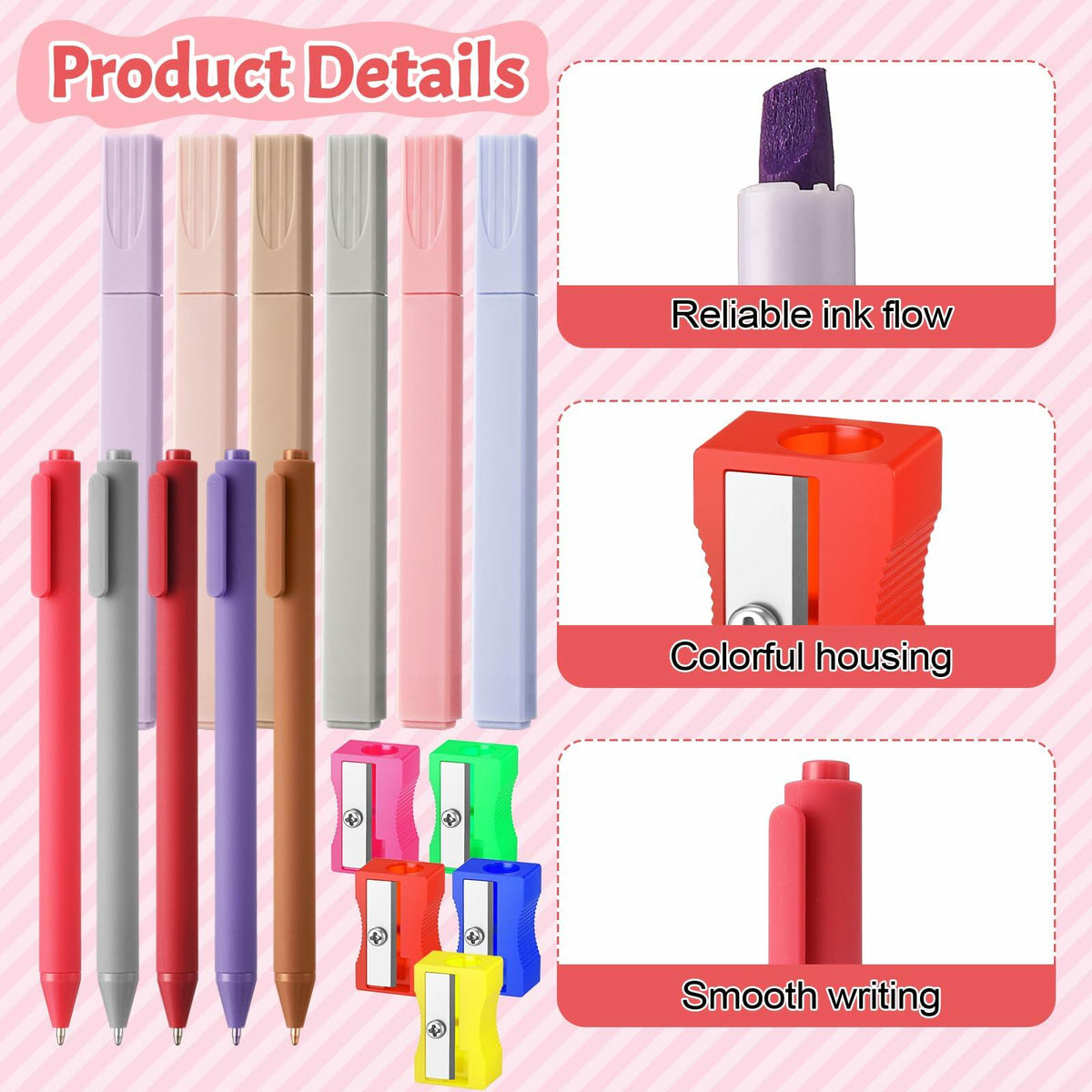 Colorful pen set with capped markers in multiple colors and a close-up of pen tips