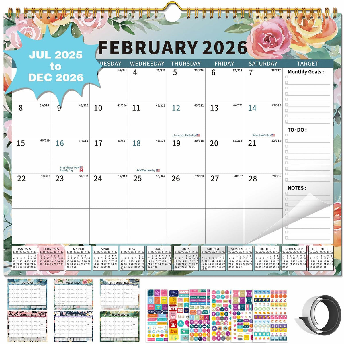 Large monthly wall calendar showing February 2026 grid with notes and goals panels