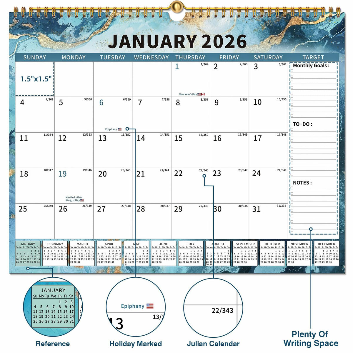 Large monthly wall calendar showing January 2026 grid with to-do and notes sidebar