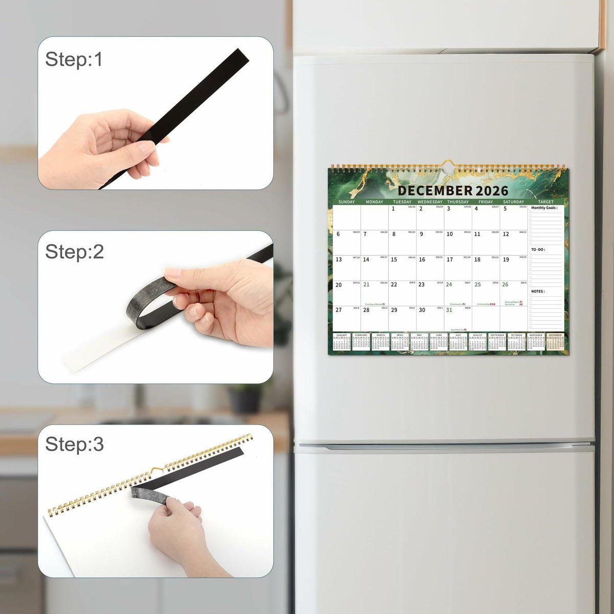Monthly wall calendar on refrigerator during setup, showing December 2026 page