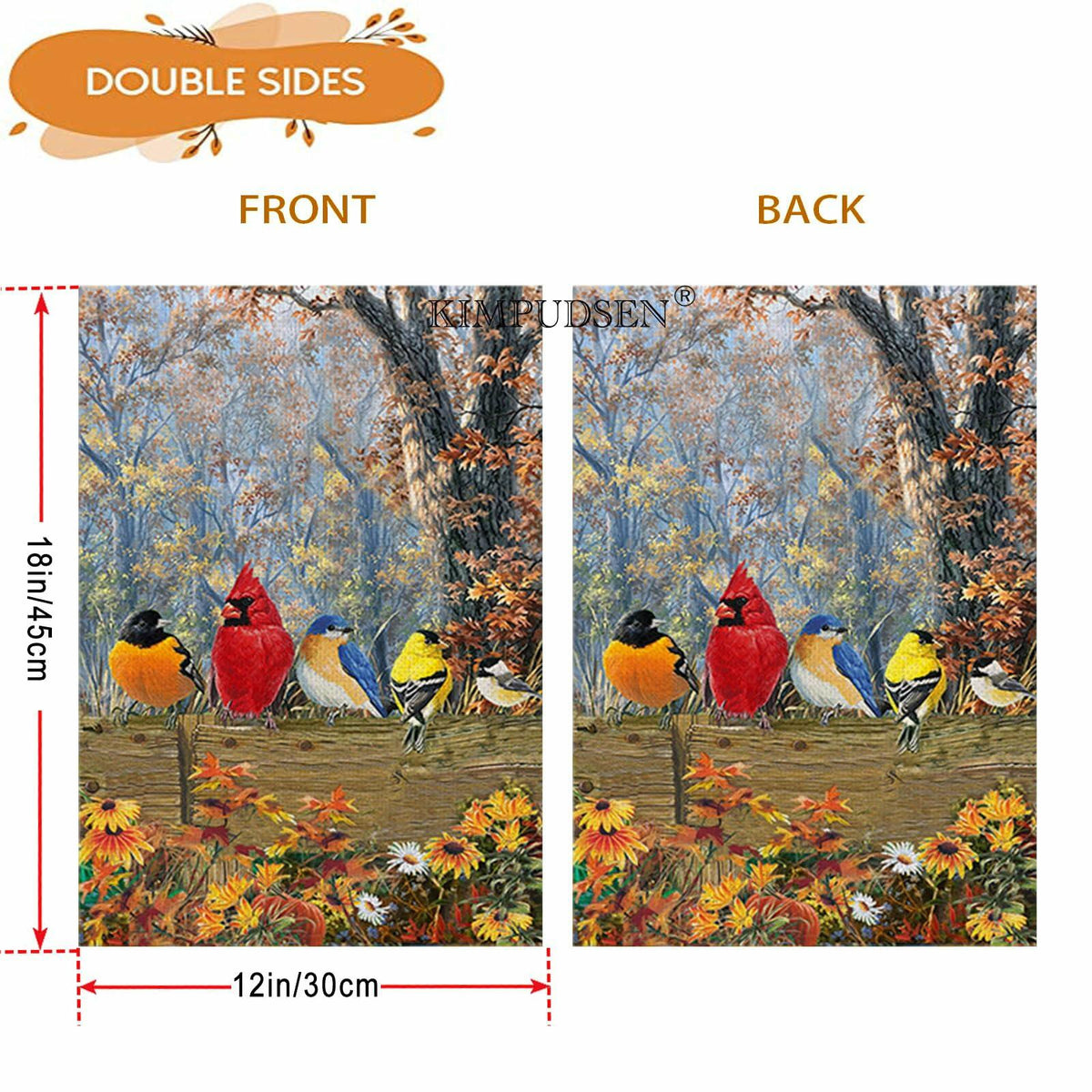 12x18 in double-sided garden flag front and back feature a fall birds scene