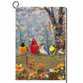 Double-sided garden flag showing cardinal and colorful fall birds with autumn flowers