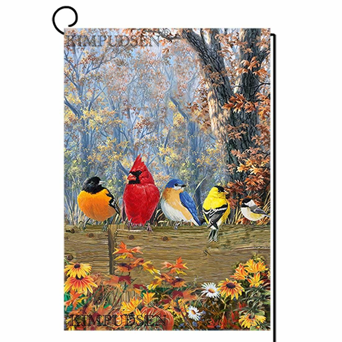 Double-sided garden flag showing cardinal and colorful fall birds with autumn flowers