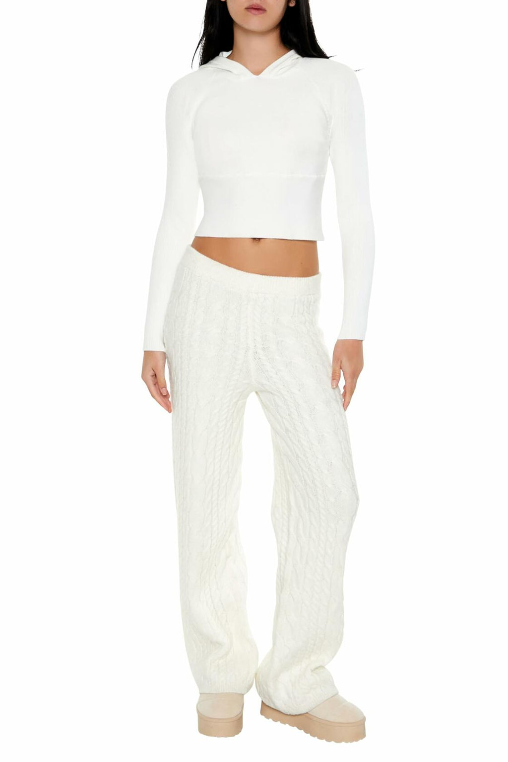 White hooded raglan sweater with long sleeves, V-neck hood, and cropped hem.