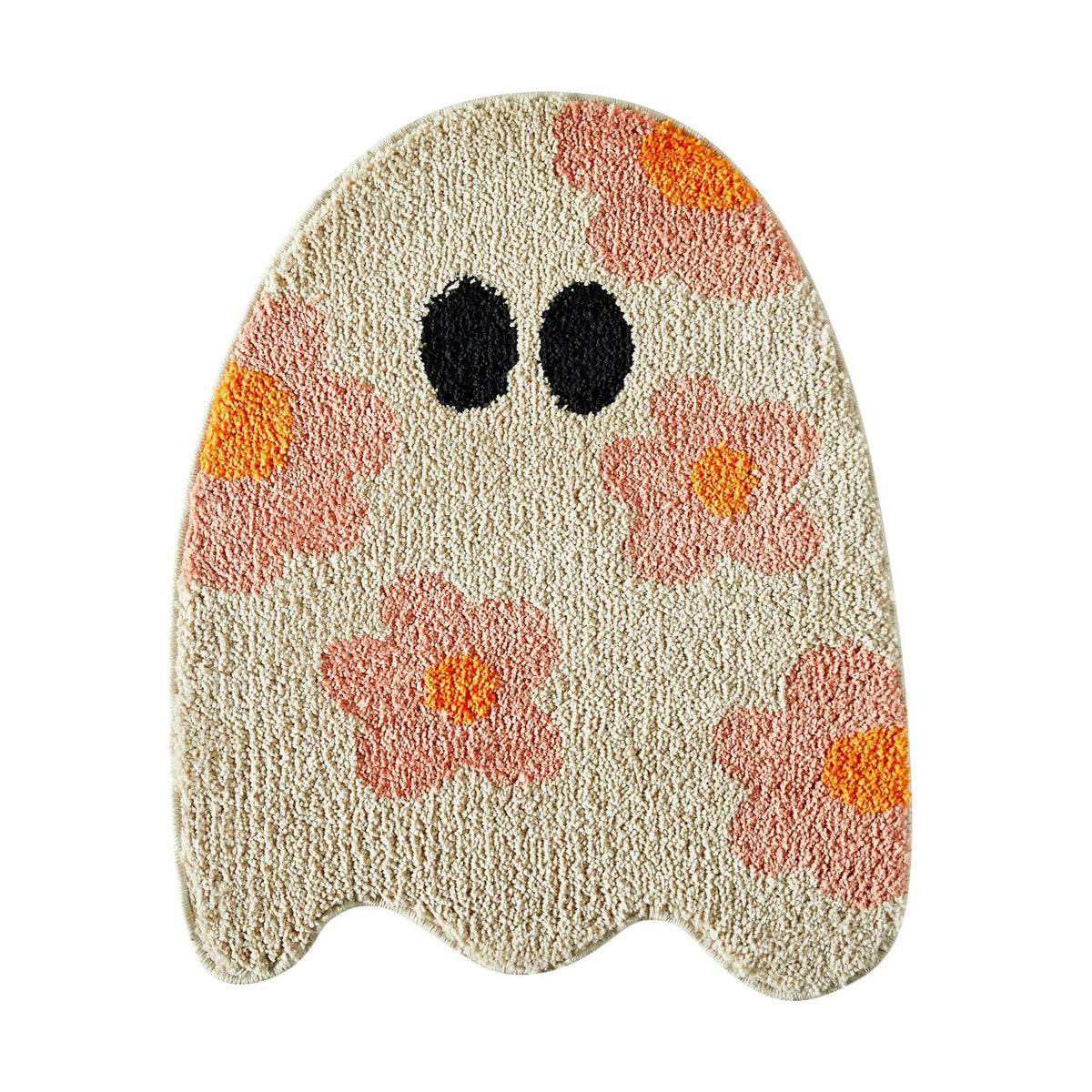 Ghost-shaped beige bath mat with black eyes and orange-pink floral print