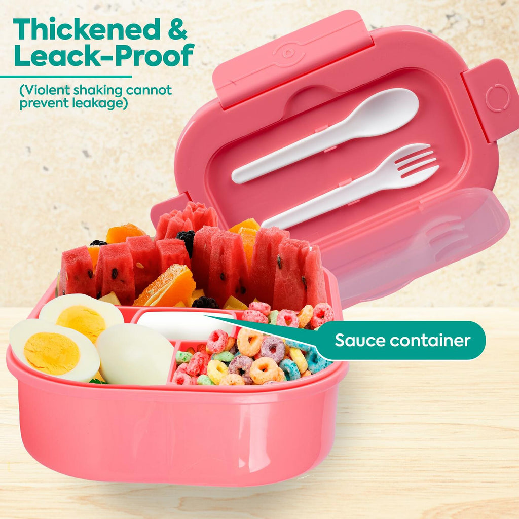 Pink lunch box with open lid, built-in utensils, and side sauce container