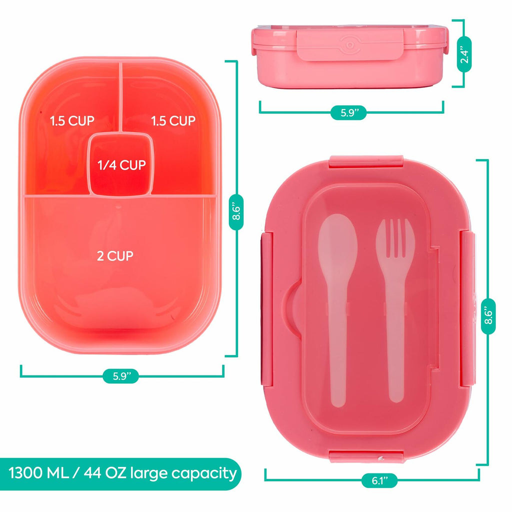 Pink compartment lunch box with cup and storage dividers, 4 sections