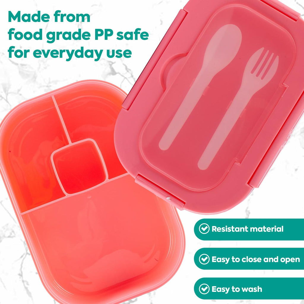 Pink bento lunch box base with divider; hinged lid with utensil slot