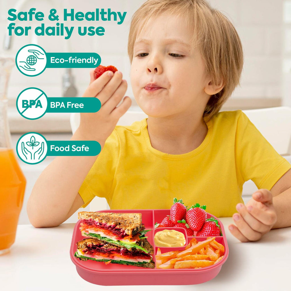 Pink kids bento lunch box with food compartments and built-in utensil storage