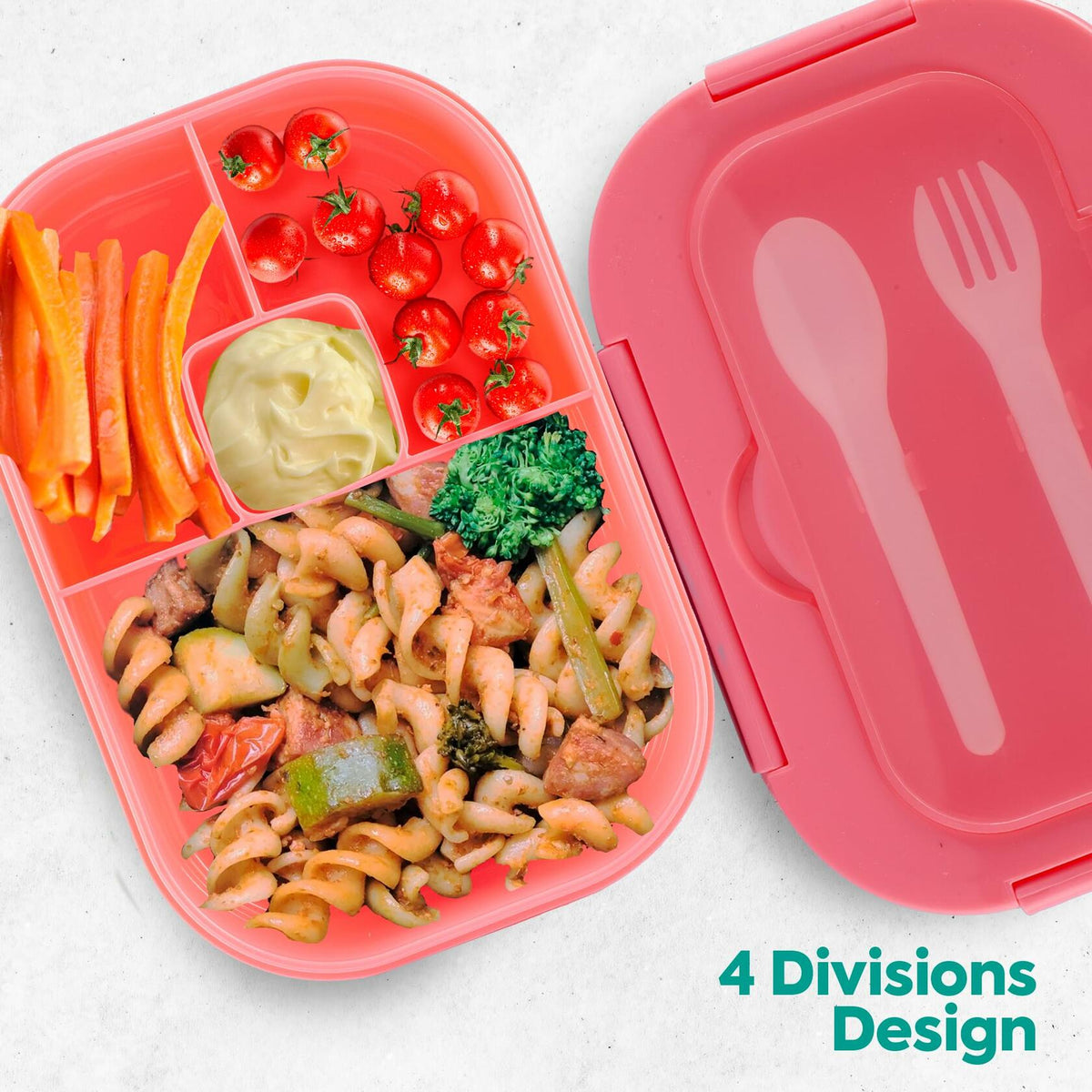 Pink kids bento lunch box with lid open showing four food compartments
