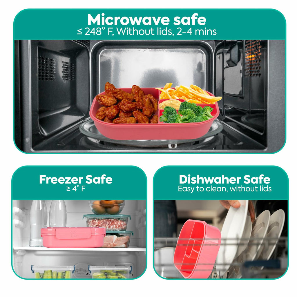 Pink bento lunch box shown for microwave, freezer, and dishwasher safe use