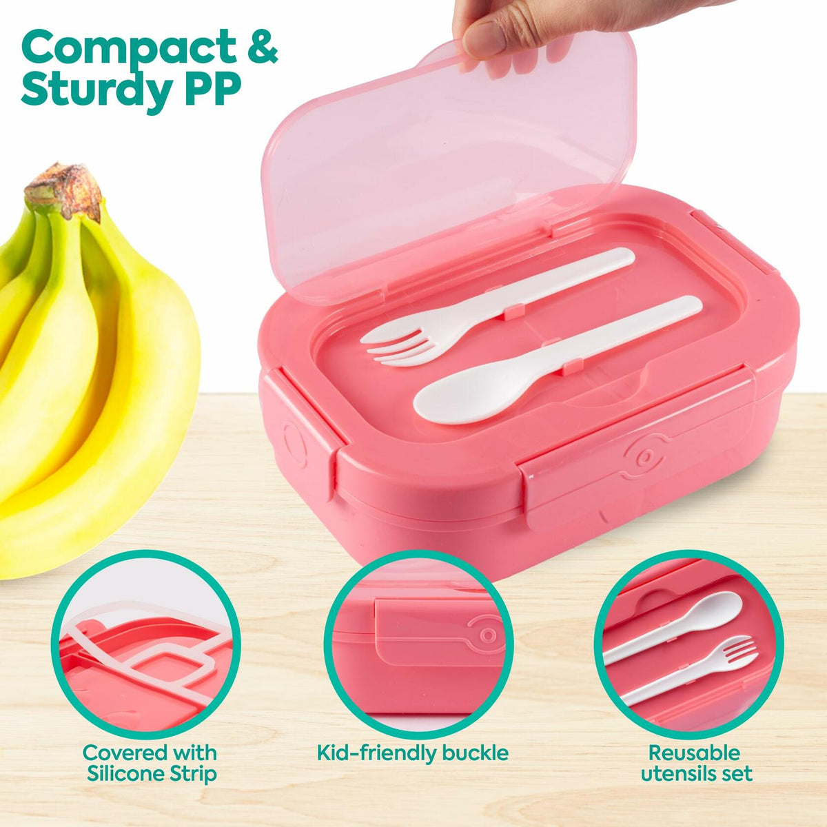 Pink kids lunch box with silicone strip seal and snap buckle; utensils included