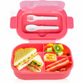 Pink kids bento lunch box with four compartments and snap-open lid