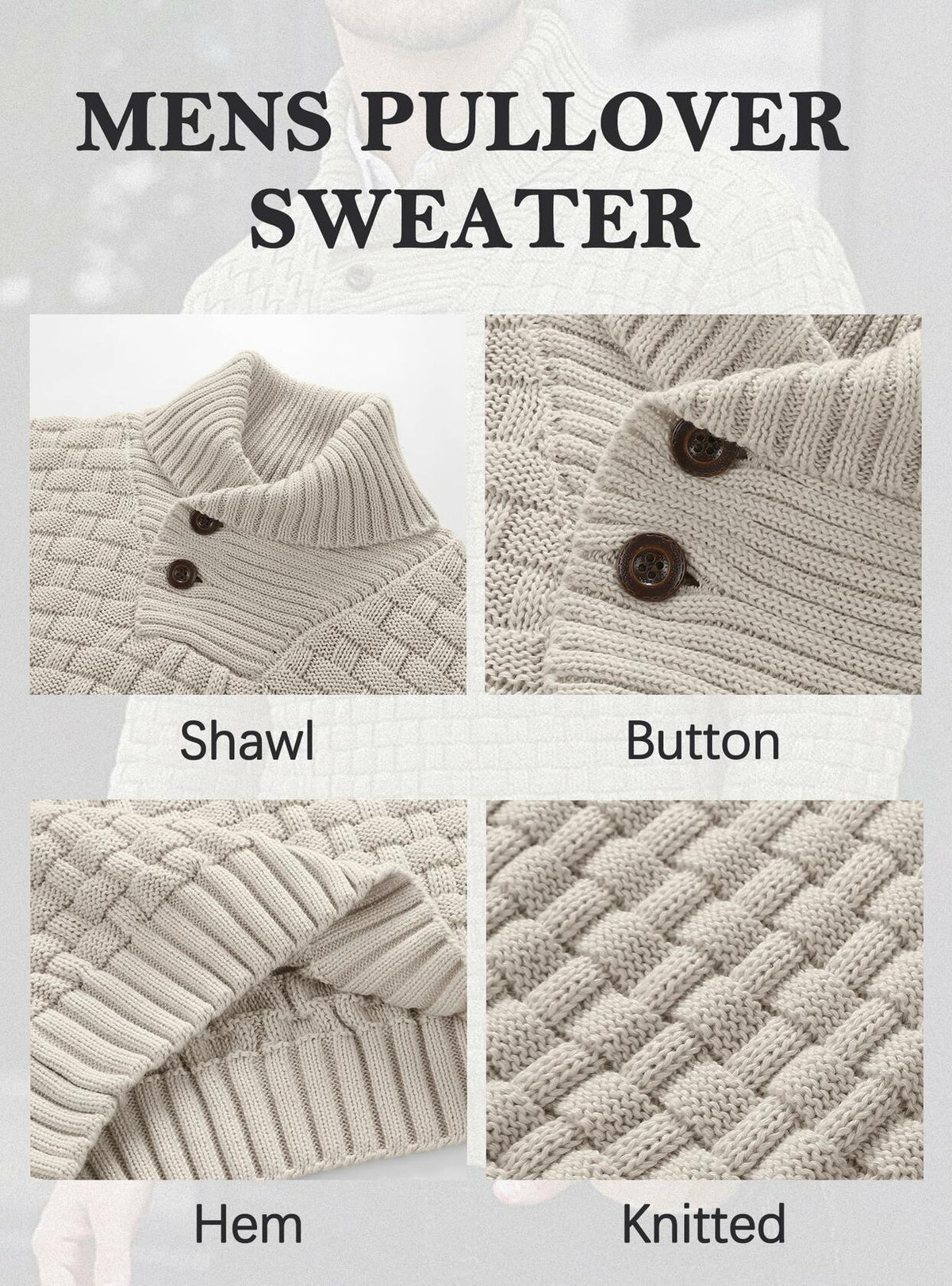 Mens pullover sweater detail collage: shawl collar, buttons, knit texture, hem