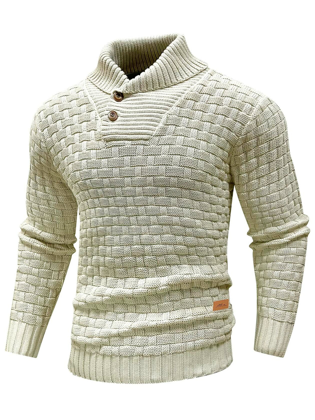 Cream cable-knit pullover sweater with shawl collar and button placket