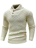 Cream cable-knit pullover sweater with shawl collar and button placket