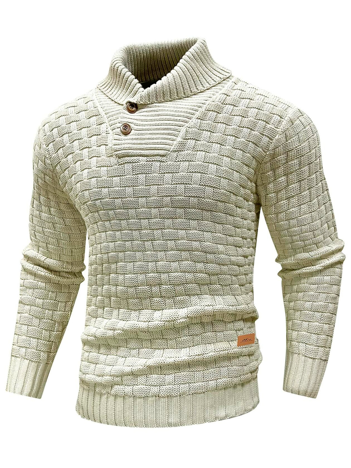 Cream cable-knit pullover sweater with shawl collar and button placket