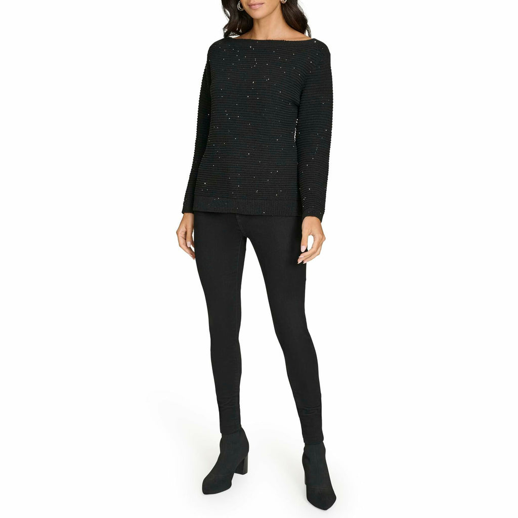 Women’s black knit sweater with long sleeves and crew neckline, speckled accents
