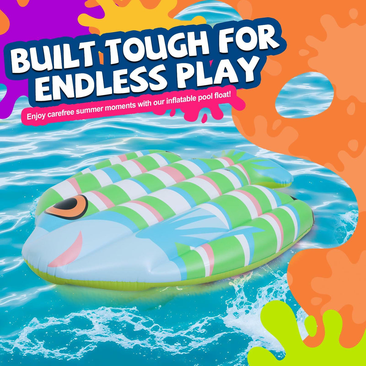 Inflatable striped fish pool float with green, white, and pink stripes